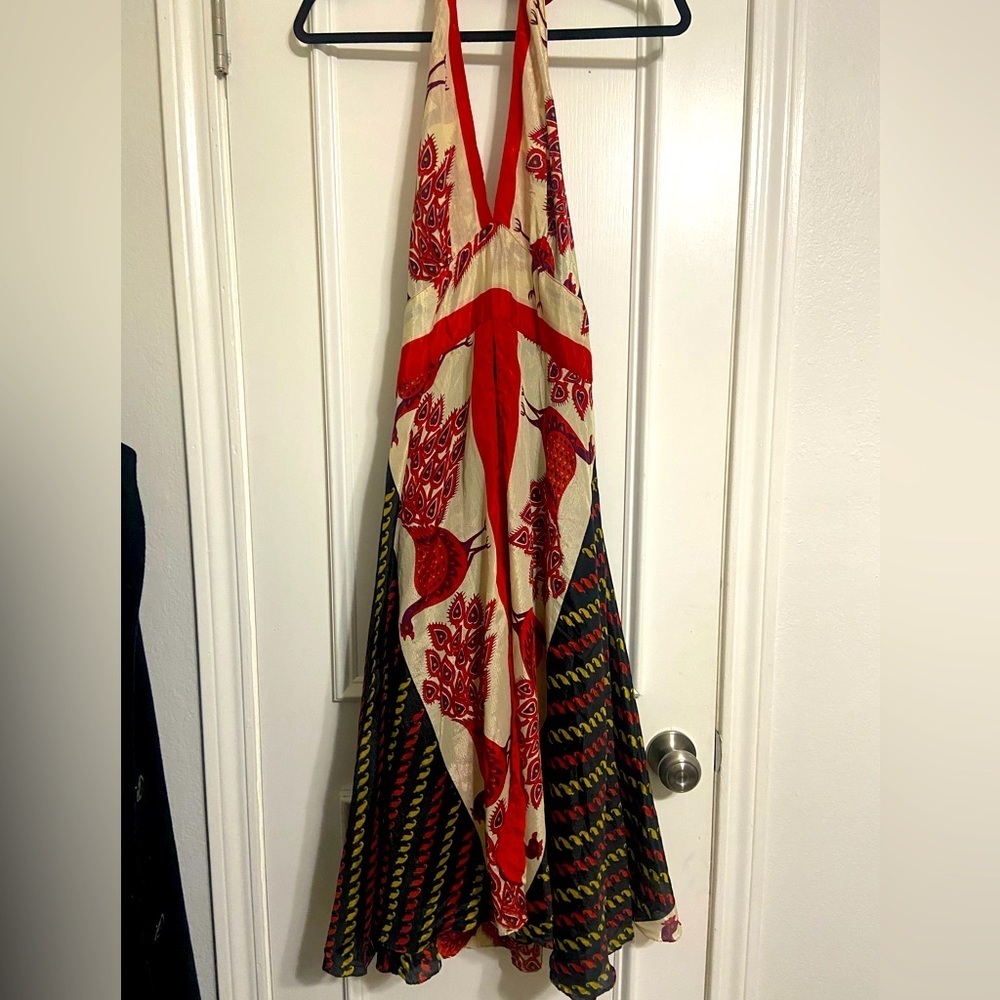 Women’s Backless Halter Maxi Dress in Red and Cream